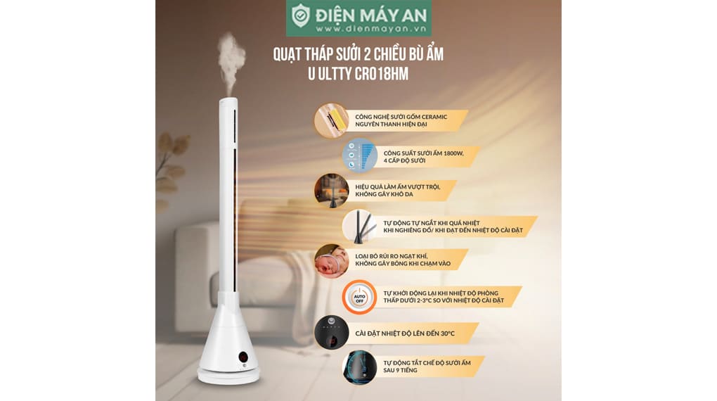 Quạt Tháp Sưởi 2 Chiều Bù Ẩm U ULTTY CR018HM